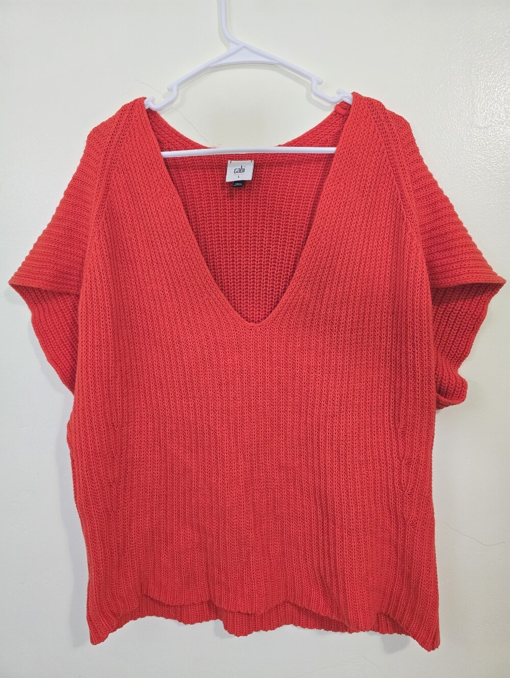Cabi Ruby Pullover Sweater Size S Deep V-Neck Short Sleeve Knit Red Oversized